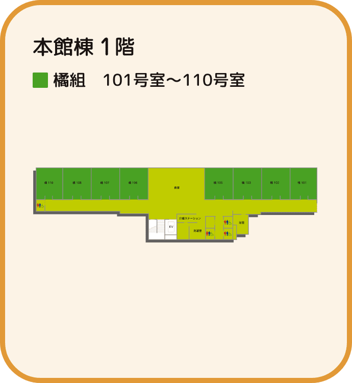 本館棟1階のマップ 橘組 101号室~110号室、食堂、介護ステーション、洗濯室、浴室