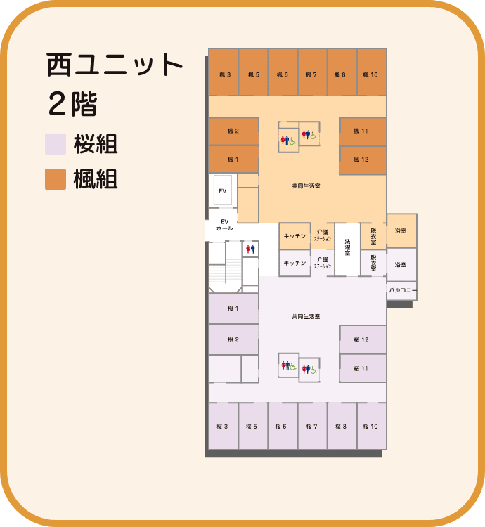 西ユニット2階のマップ 桜組と楓組、共同生活室、介護ステーション、キッチン、洗濯室、脱衣室、浴室、バルコニー